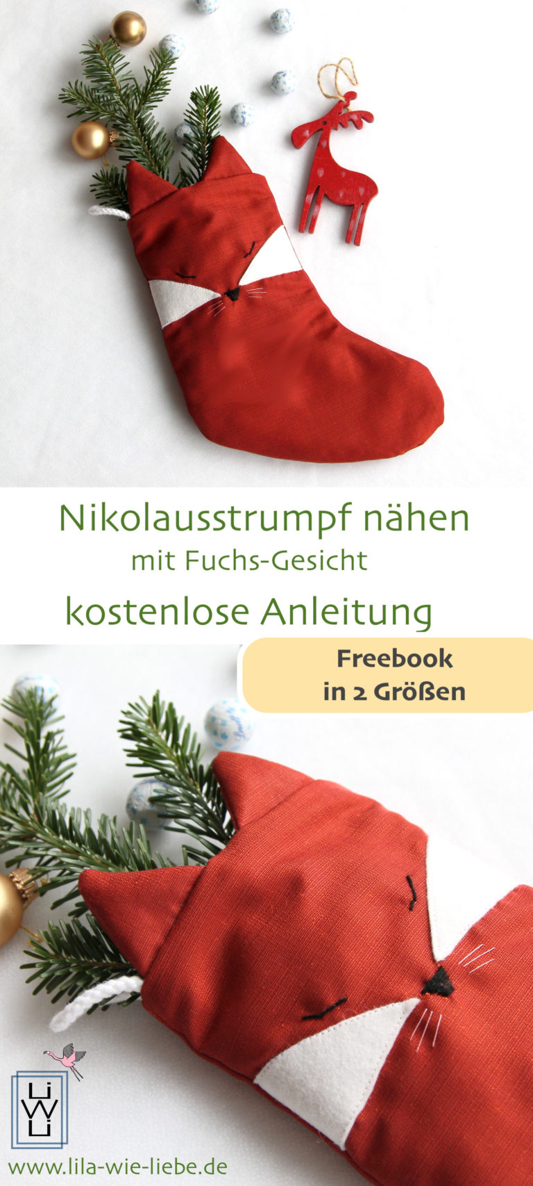 Nikolausstrumpf mit Fuchsmotiv nähen - Freebook - Lila wie Liebe