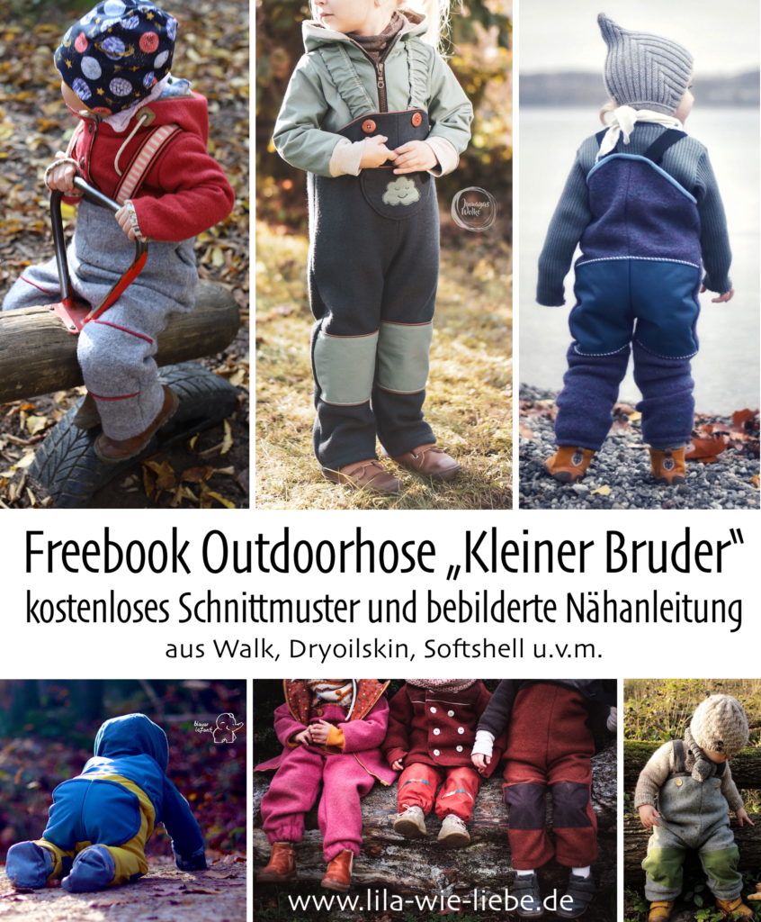 Freebook Kleiner Bruder kostenlose Nähanleitung Outdoorhose Kinderhose Walkhose Softshellhose Matschhose Lila wie Liebe